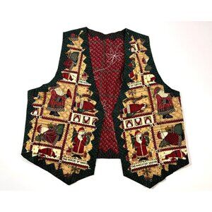 Handmade Reversible Women's Ugly Christmas Vest Folk Santa/Poinsettias Cotton XL
